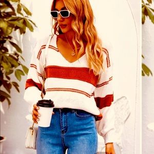 Burnt Orange, cream and off-white v neck sweater